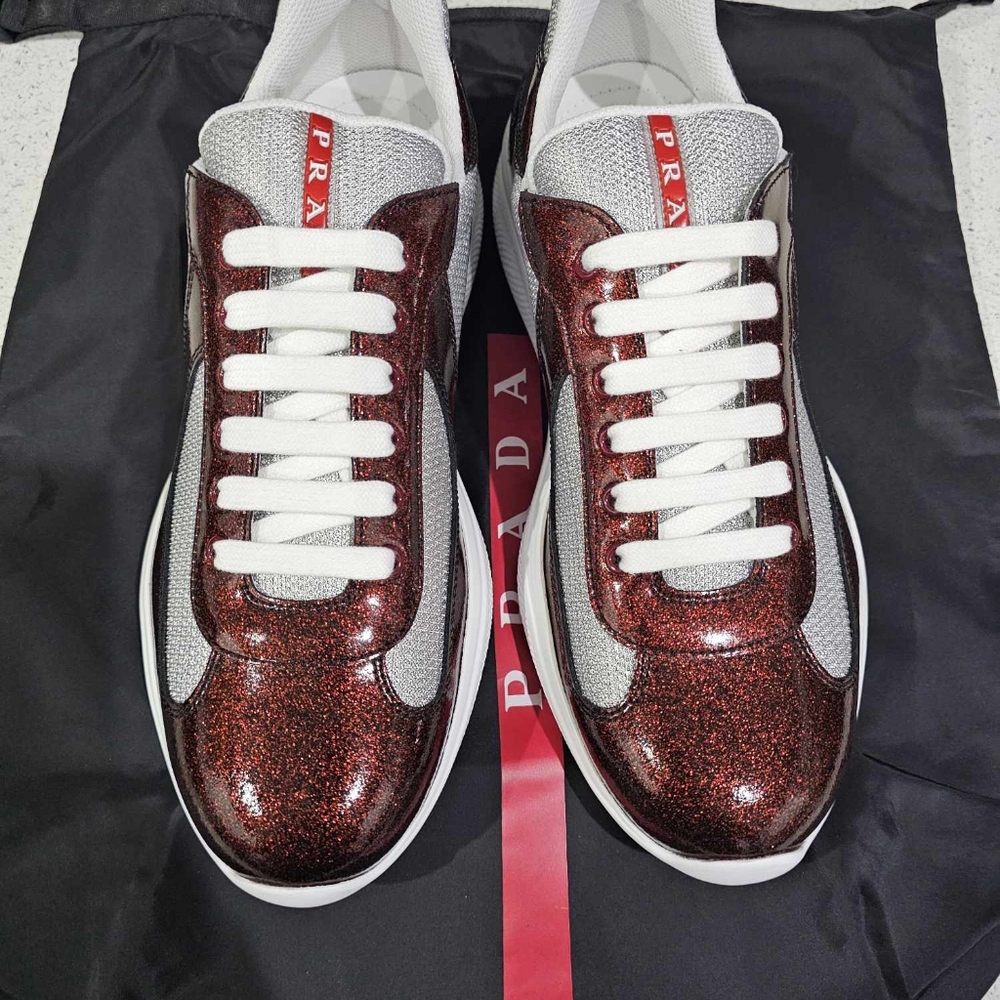Prada Men's America's Cup Patent Leather Glitter Sneakers in Red